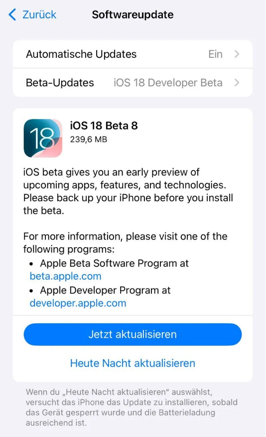 虞城苹果手机维修分享苹果 iOS / iPadOS 18 开发者预览版 Beta 8 发布 